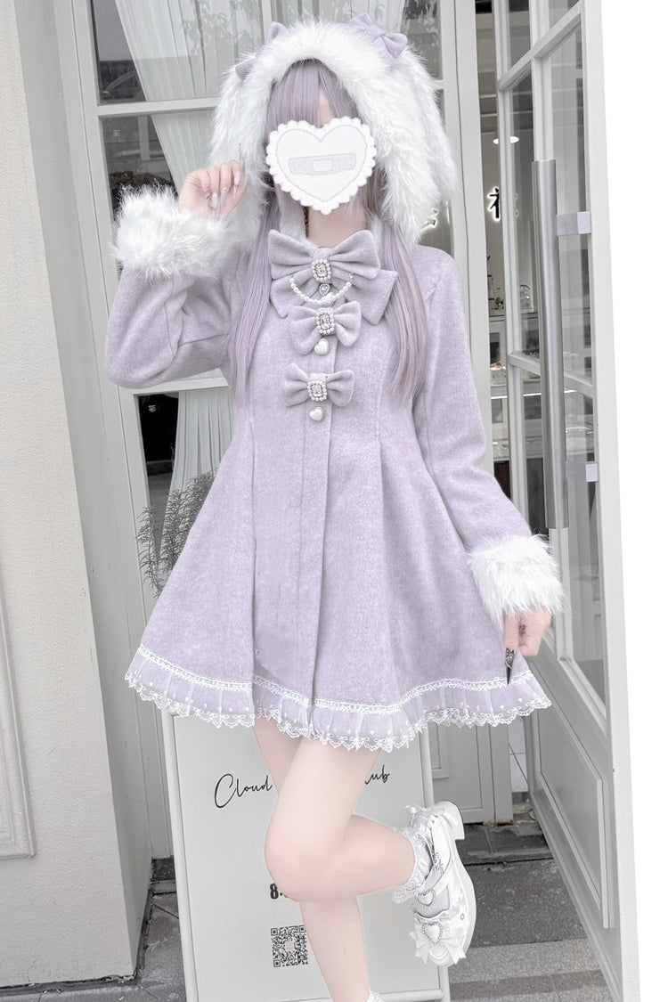 Grey/Purple Long Sleeves Bowknot Rabbit Ears Detachable Hooded Japanese Jirai Kei Coat