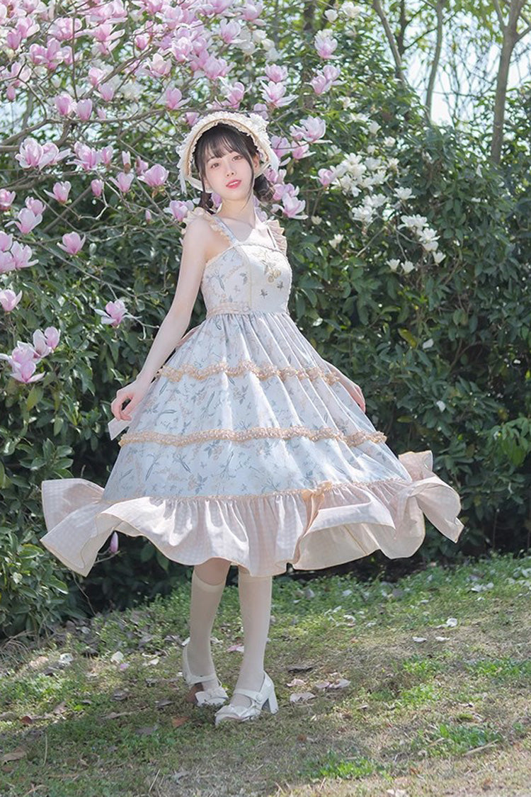 マルチカラー桜蝶プリント刺繍フリルスウィートロリータJSKドレス