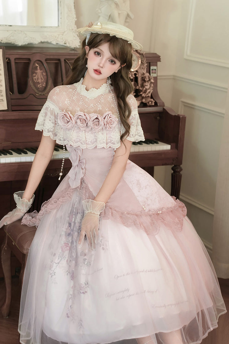 Ensemble de robe Lolita élégante et douce asymétrique en dentelle avec nœud de broderie à volants rose [Poèmes de Rose] 