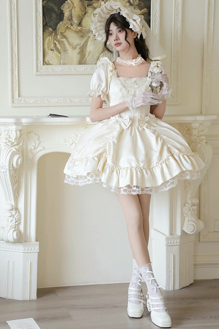White [Letters and Poems] Square Collar Short Sleeves Ruffle Hanayome Bowknot Sweet Elegant Gorgeous Lolita Dress