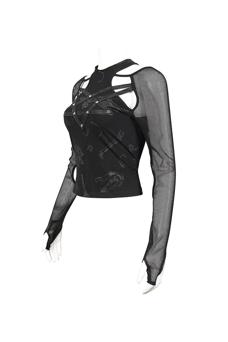Schwarzes Pentagramm Leder gestreiftes Langarm Gothic Damen T-Shirt