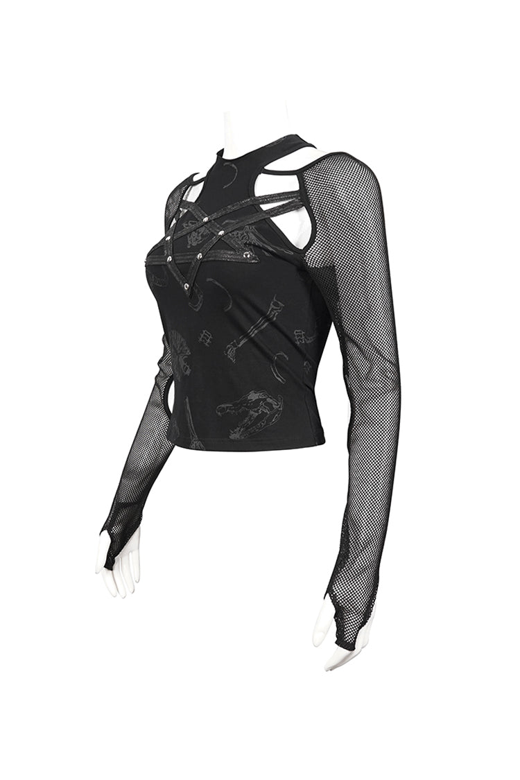 Black Pentagram Leather Striped Long Sleeve Women's Gothic T-Shirt