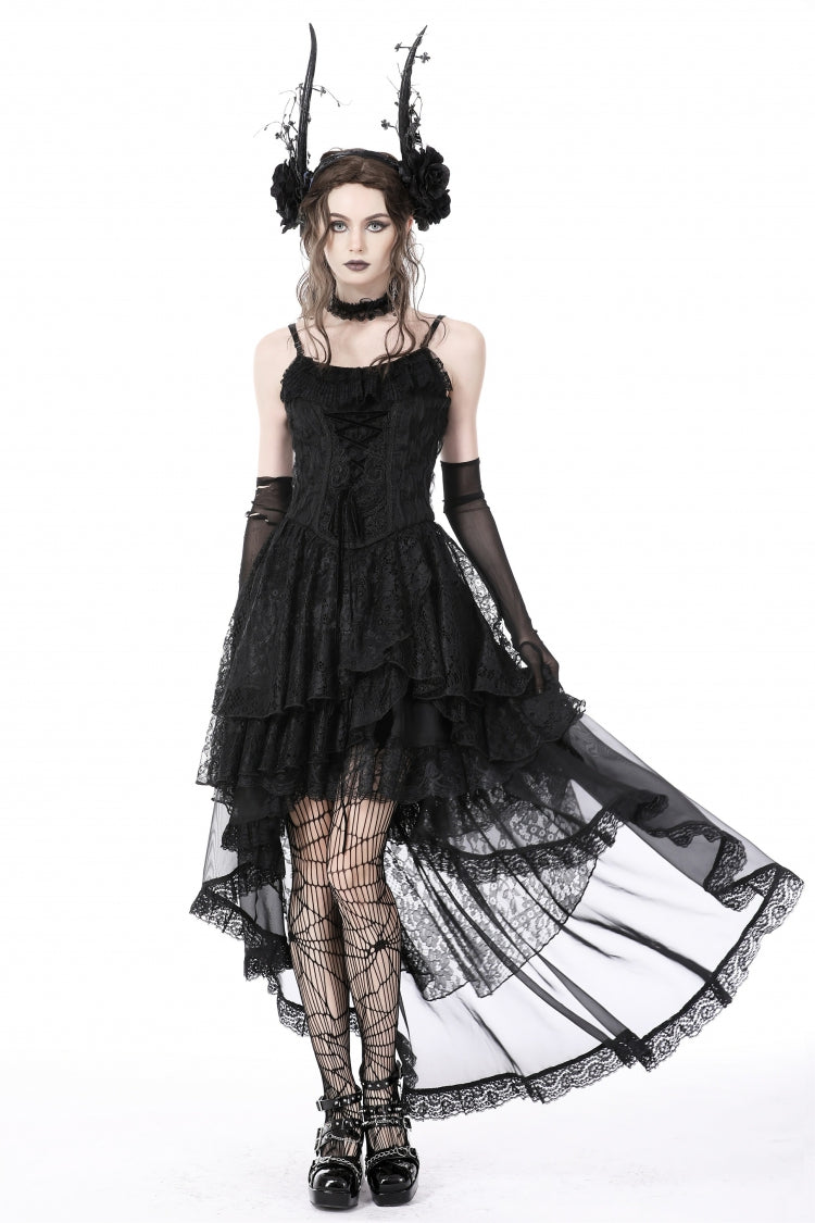 Schwarzes, ärmelloses, unregelmäßiges High-Low-Mehrschicht-Spitzen-Schnürkleid für Damen im Gothic-Stil