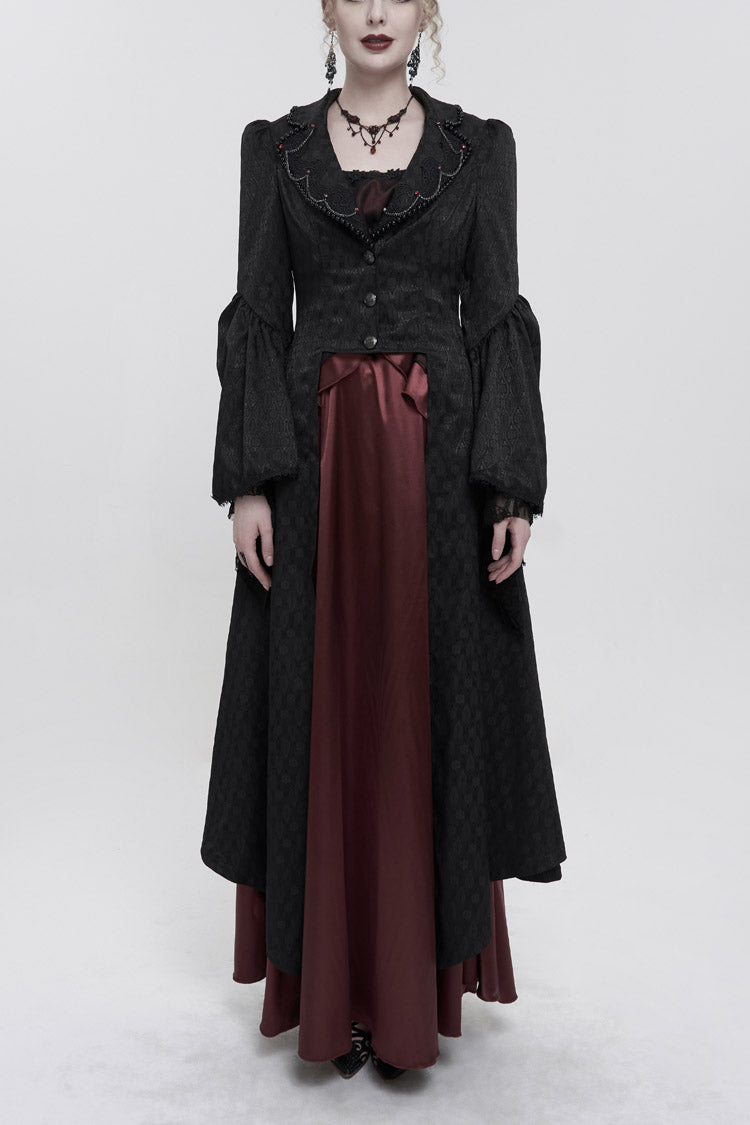 Black Jacquard Short Front Long Back Lapel Bead And Chain Trim Large Cuffs With Lace Trim Back Strap Thin Long Women's Gothic Coat