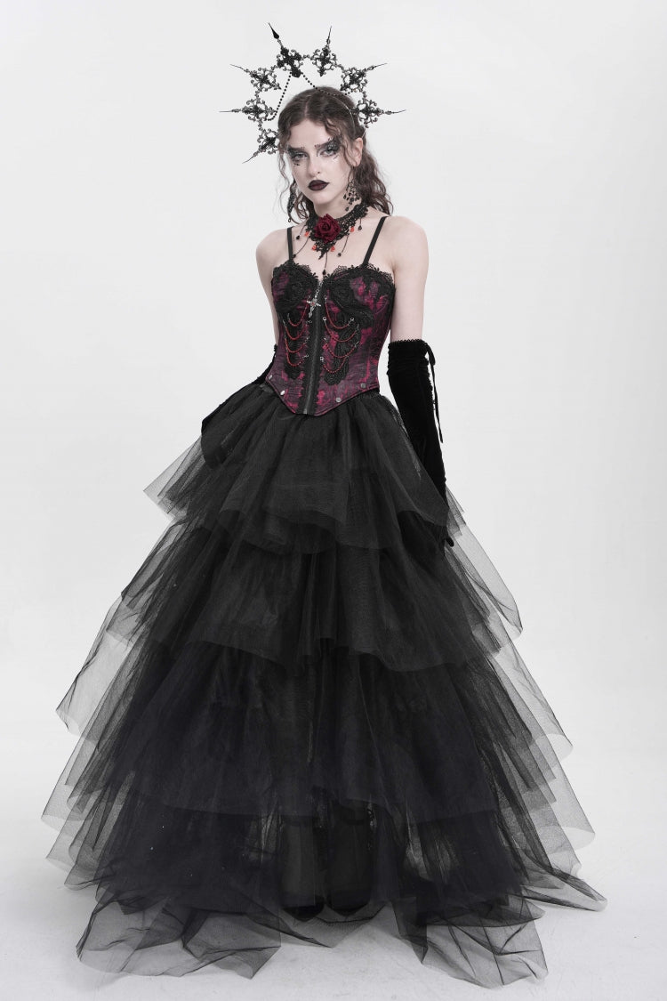 Red Sleeveless Embroidery Lace Chain Women's Gothic Vest