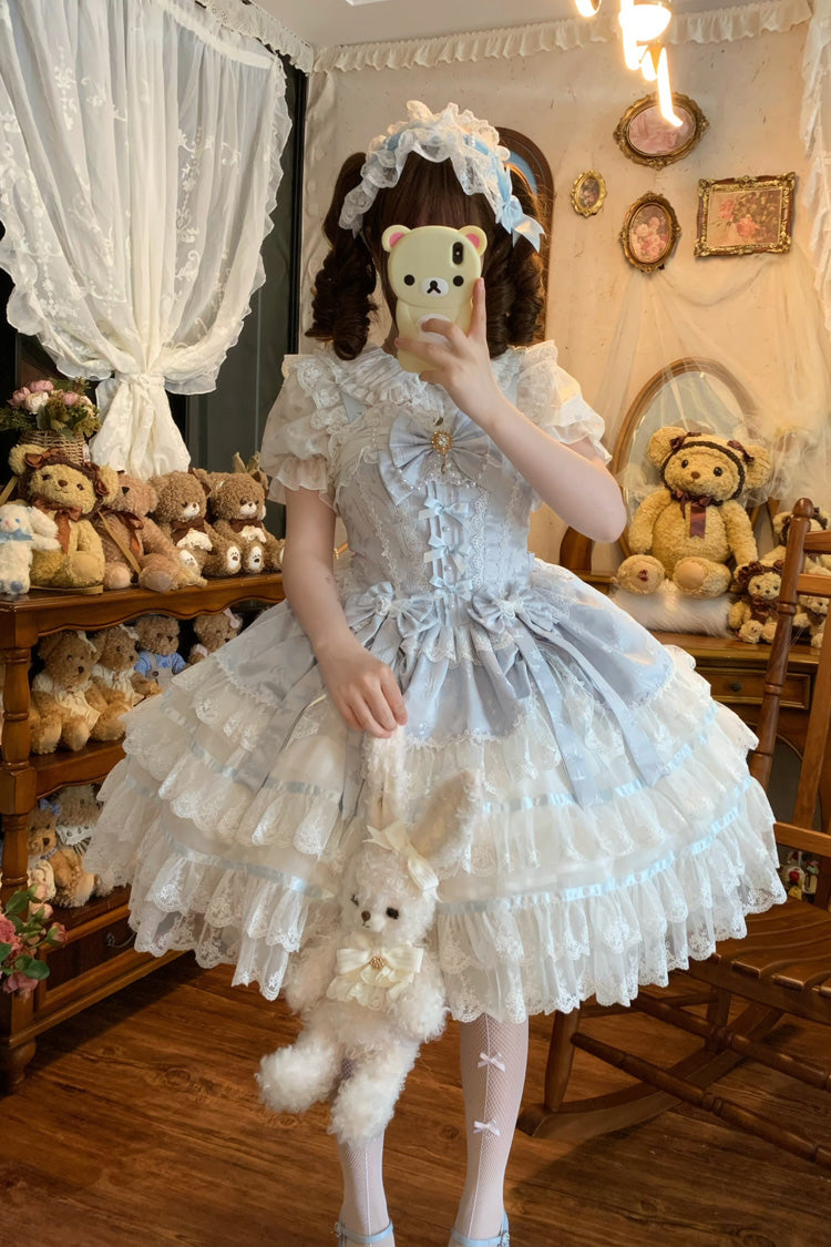 Blue [Snow Kissed Romance] Sleeveless High Waisted Multi-Layered Bowknot Lace Pearl Sweet Ballet Lolita Jsk Dress