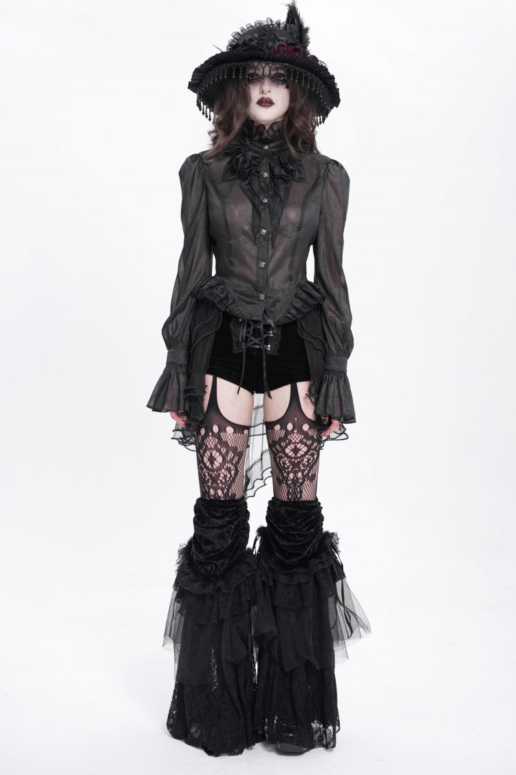 Black Stand Collar Ruffle Sheer Women's Swallow-tailed Gothic Blouse