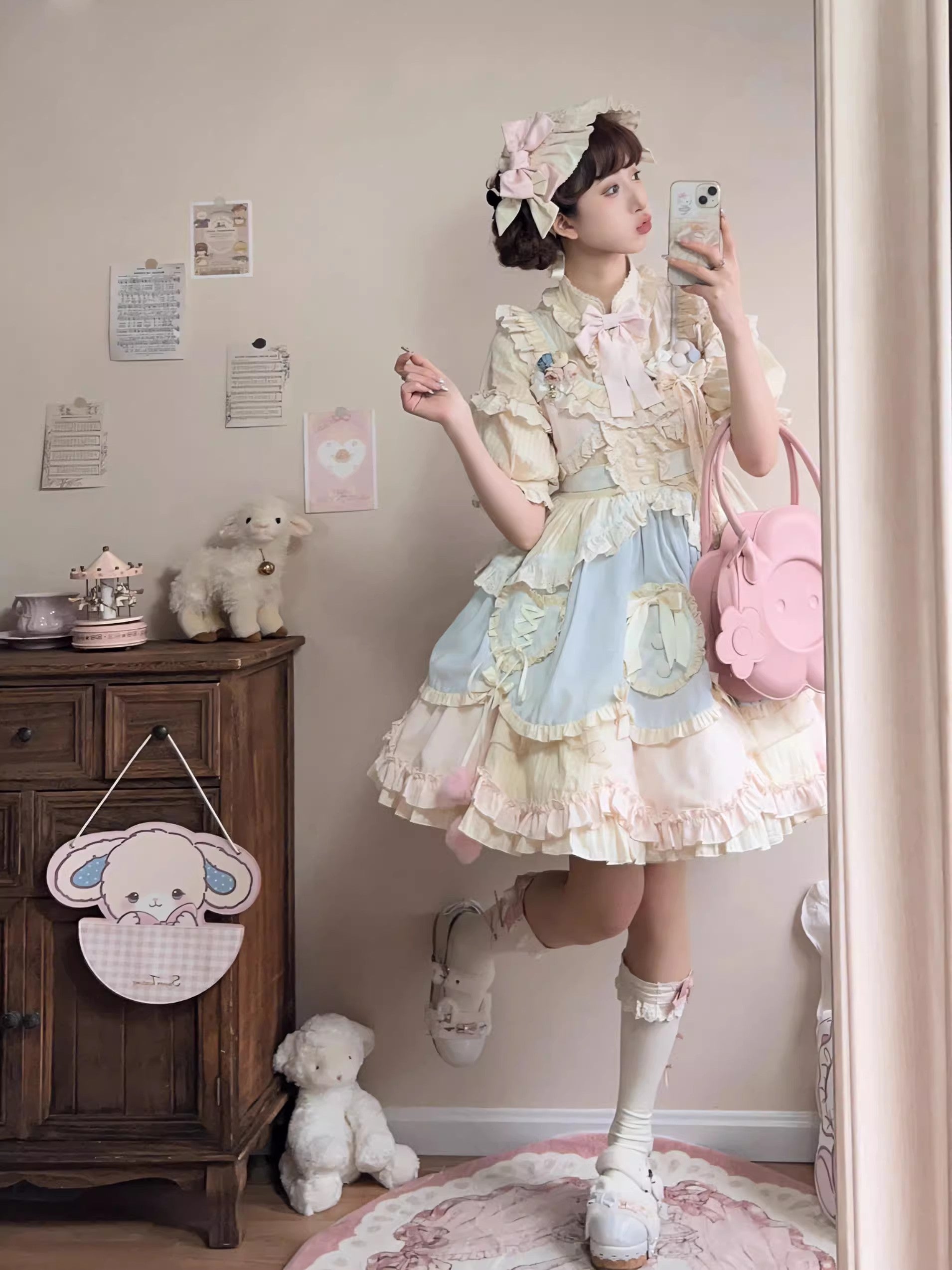 Multi-Color [Mianmian Macaron] Sleeveless Multi-Layered Ruffle Bowknot Lace Sweet Lolita Jsk Dress (Short Version)