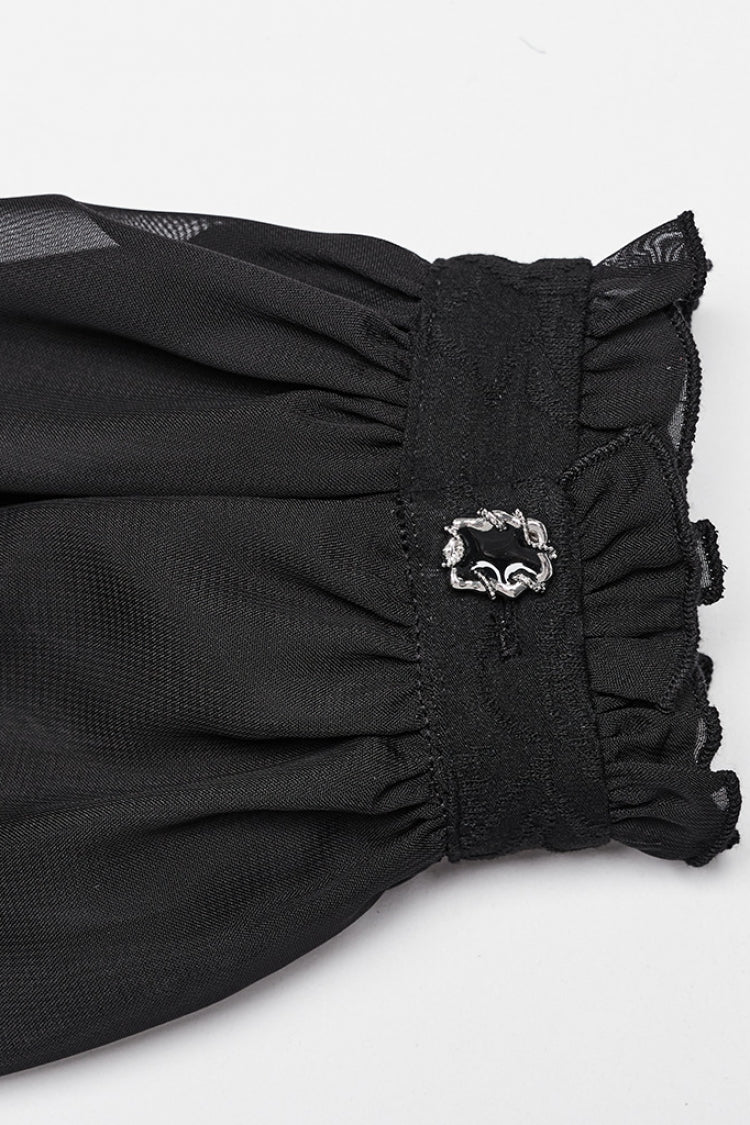 Black V Collar Long Puff Sleeves Embroidery Mesh Women's Gothic Blouse