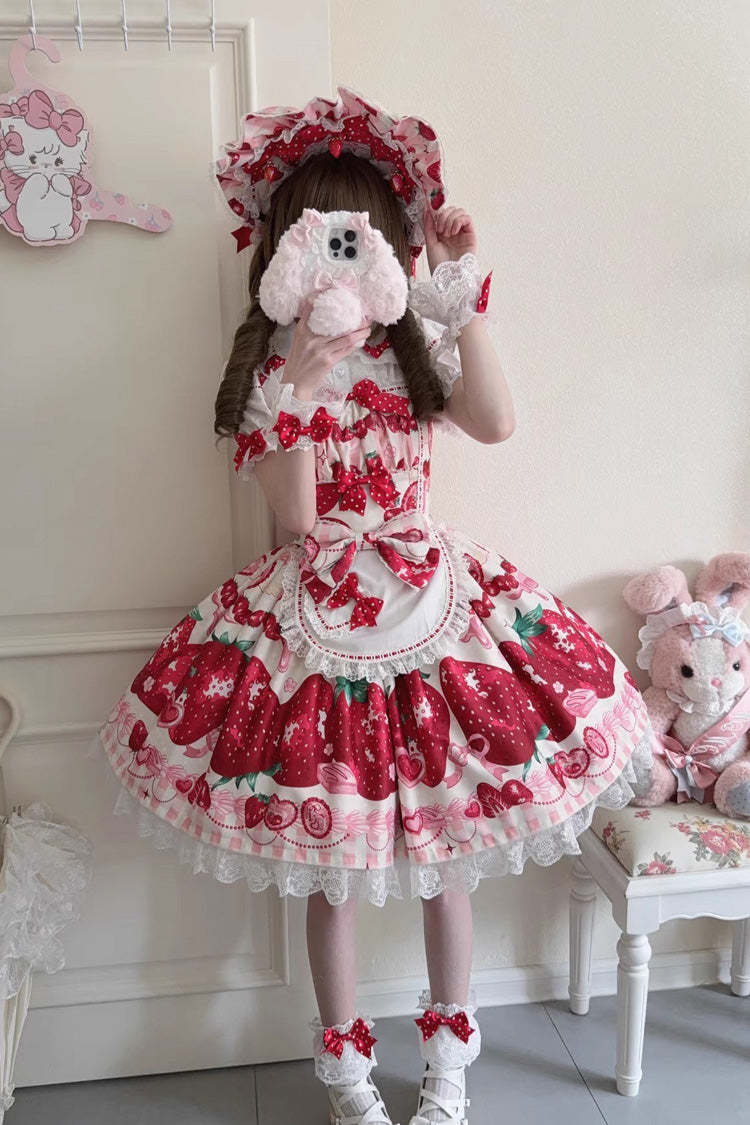 [Dream to Strawberry] Print Ruffle Bowknot Lace Sweet Lolita Jsk Dress 4 Colors