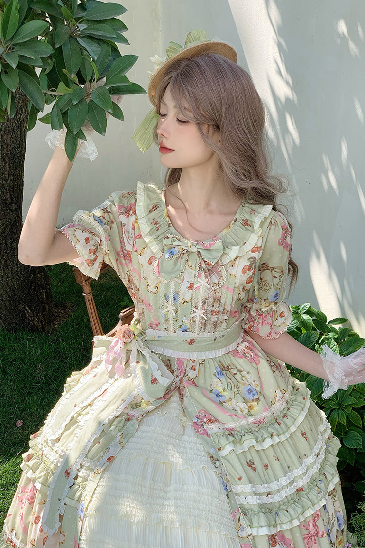 Robe Lolita douce et magnifique à manches courtes avec imprimé à volants et nœud papillon [Thé de Rose Chat Vert] 