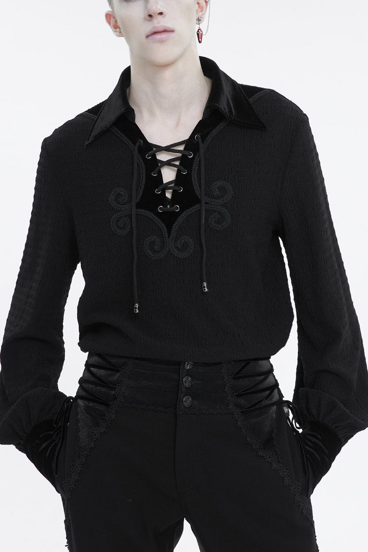 Black Embroidered Chest With Drawstring Strappy Puff Sleeved Men's Gothic Shirt