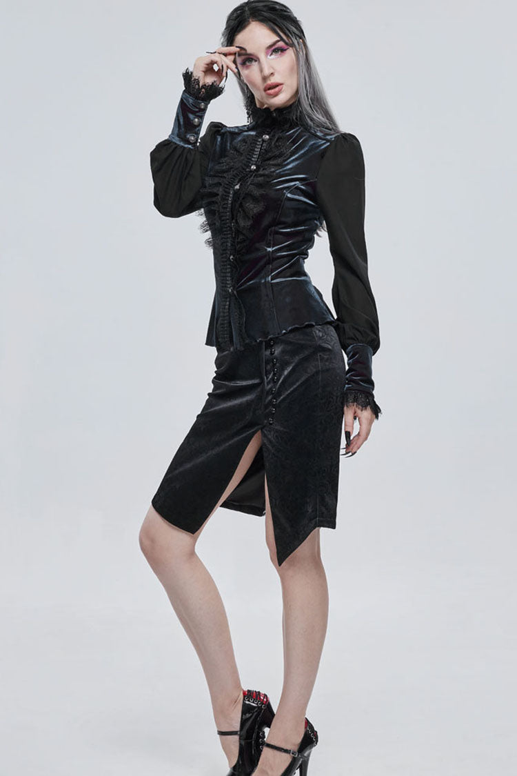 黒ゴシック柄レザーボタン装飾スリムフィットヒップレディーススカート