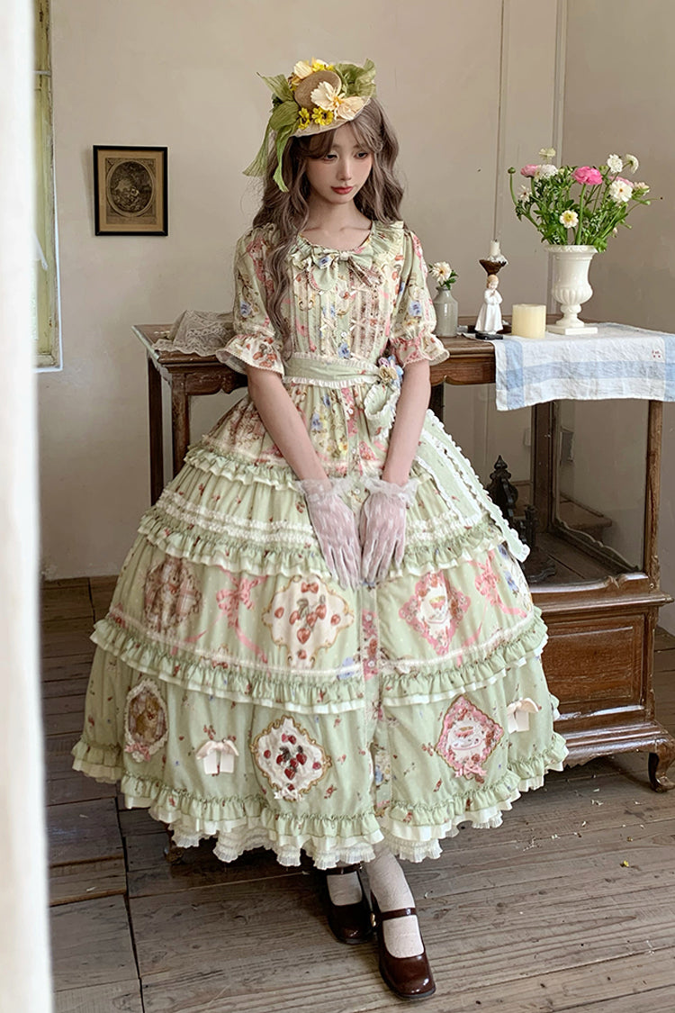 Robe Lolita douce et magnifique à manches courtes avec imprimé à volants et nœud papillon [Thé de Rose Chat Vert] 