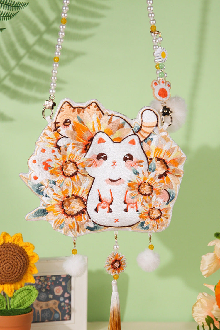 Multi-Color Sunflower Cat Embroidery Pearl Chain Sweet Lolita Crossbody Bag