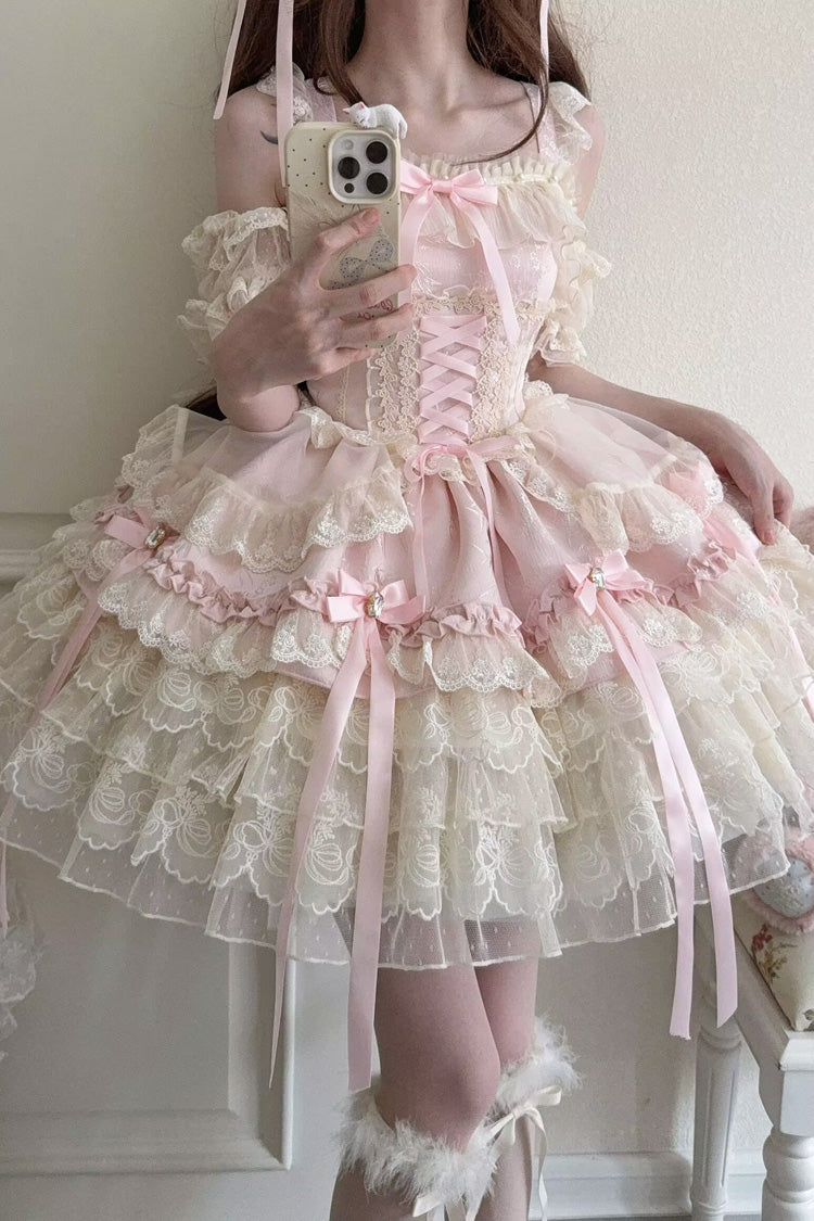 Pink [Ribbon Heart Love] Sleeveless Multi-Layered Ruffle Bowknot Lace Lace-Up Sweet Princess Ballet Lolita Jsk Dress