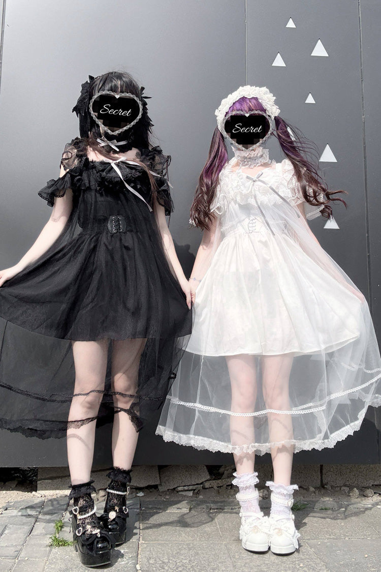 Ruffled Collar Short Sleeves Puff Sleeves Sheer Layered Lace-Up Gothic Japanese Jirai Kei Dress 2 Colors