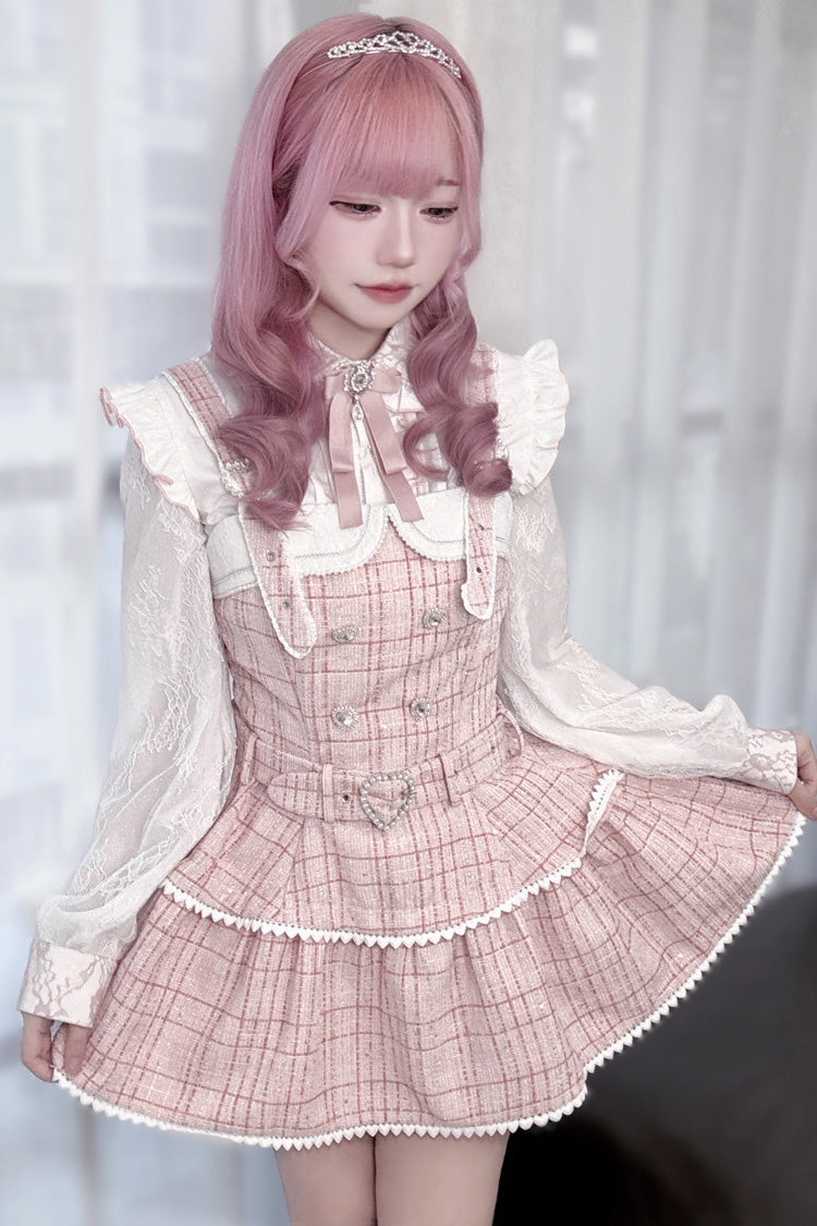 ピンクチェック柄プリントパール装飾スイートジライケイ和ストラップドレスセット