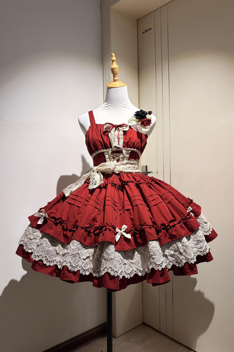 Red [Vivian] Off Shoulder Short Sleeves Ruffle Bowknot Lace Sweet Princess Lolita Dress