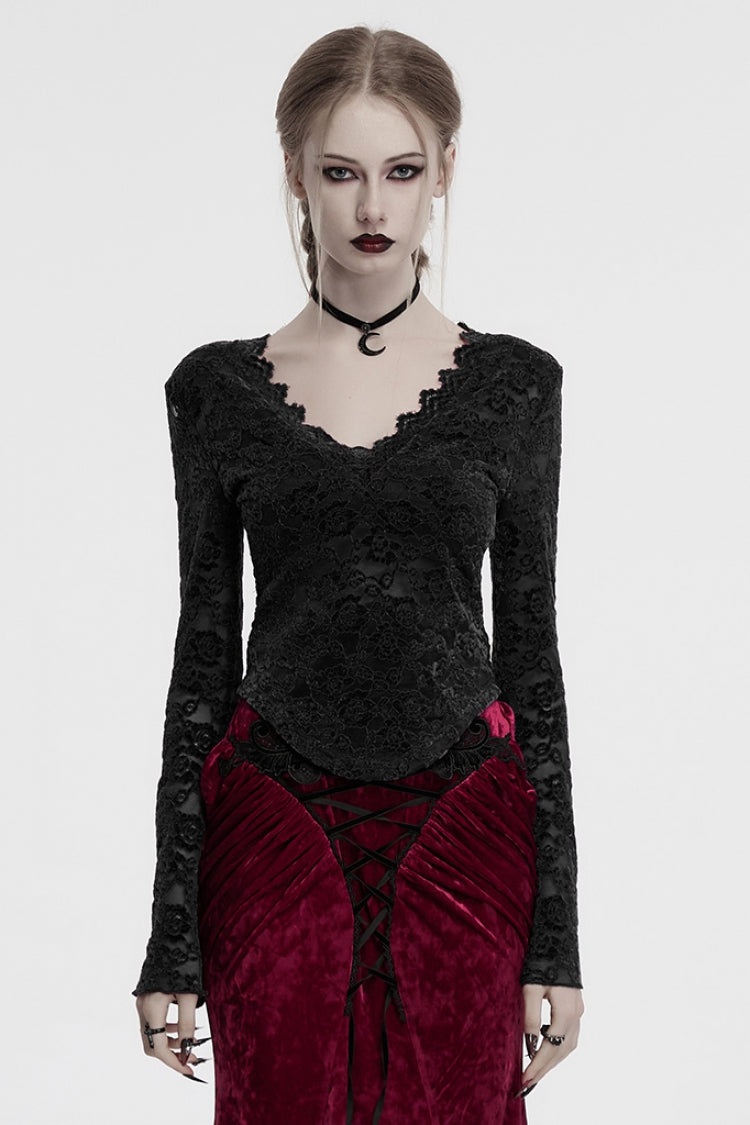 Black V Collar Long Sleeves Lace Sheer Women's Gothic Blouse