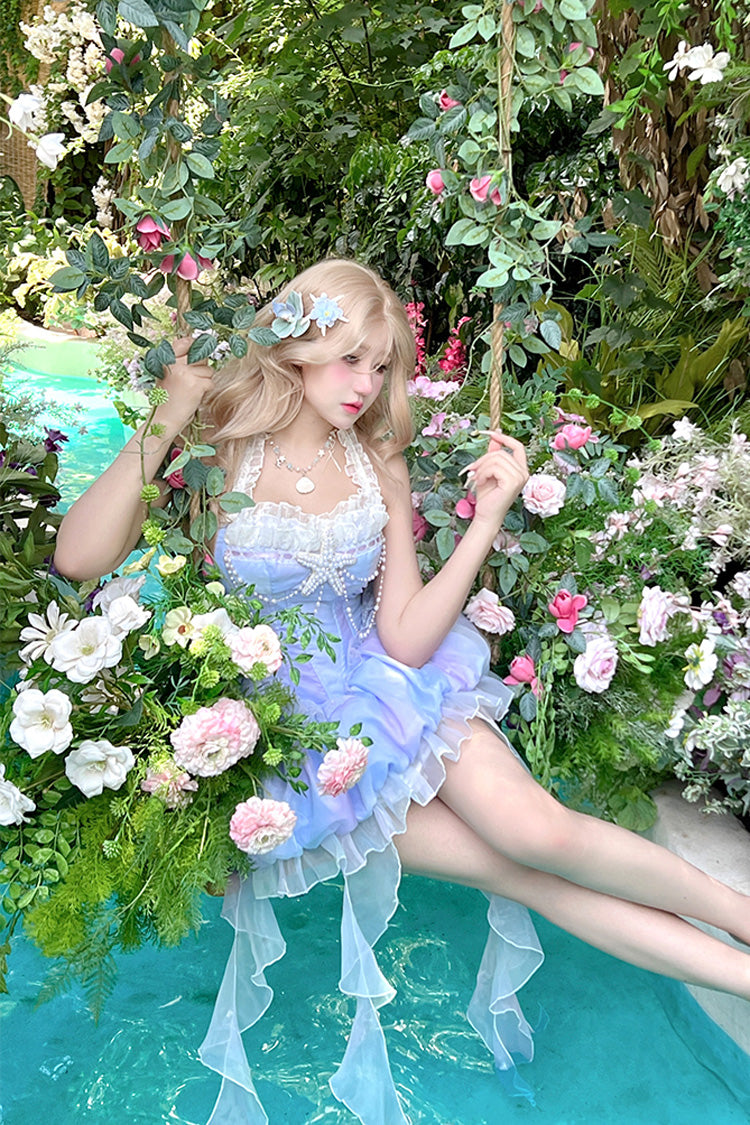 Blue [Starlight Jellyfish Princess] Halterneck Sleeveless Ruffle Lace Sweet Lolita Jsk Dress