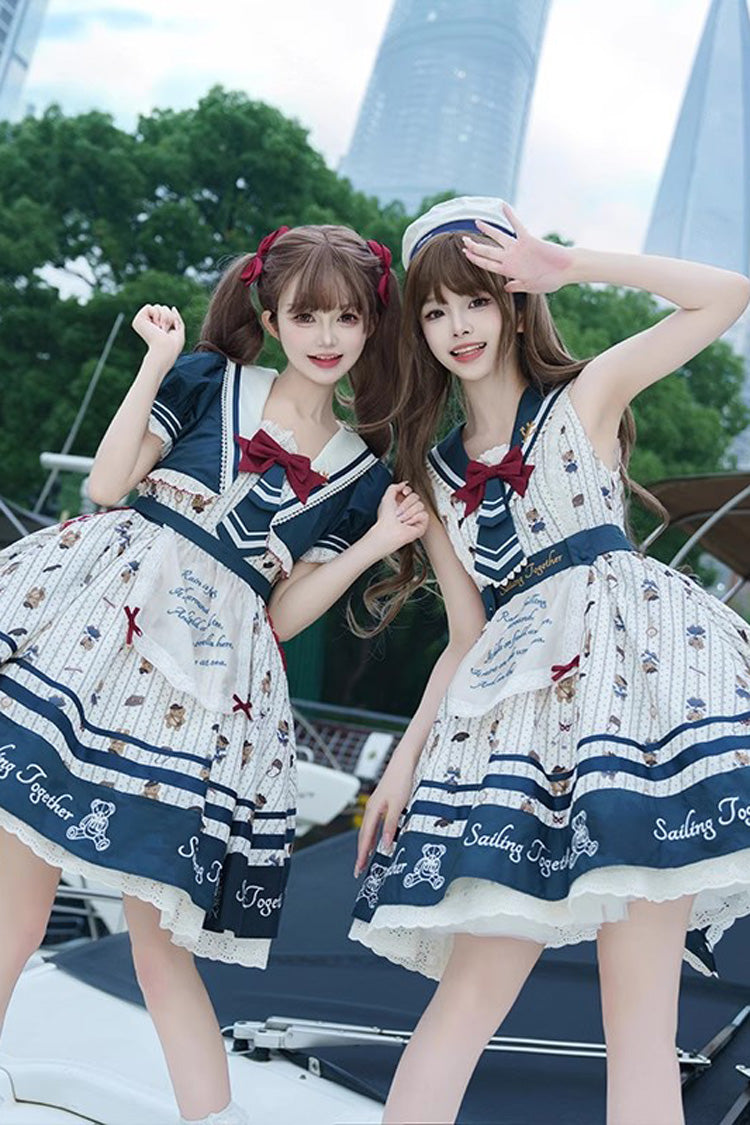 Robe Lolita Jsk Princesse Douce avec Imprimé Ours Bleu/Blanc, Volants et Nœud Marine 