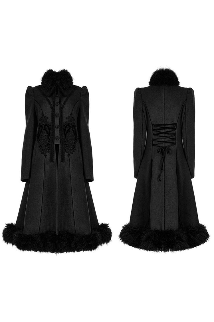 Black Gothic Gorgeous Symmetric Appliqué Detachable Big Fur Collar Loose Hem Long Women's Coat