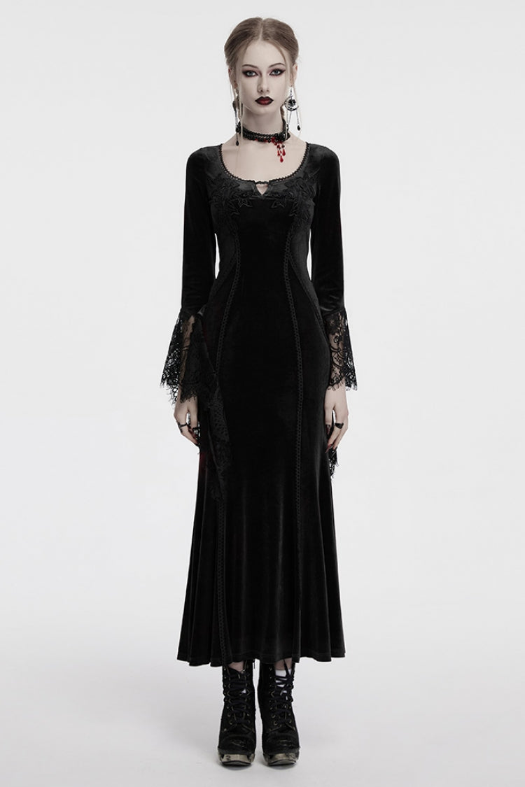Black Long Sleeves Floral Embroidery Stitching Lace Women's Gothic Gown Dress