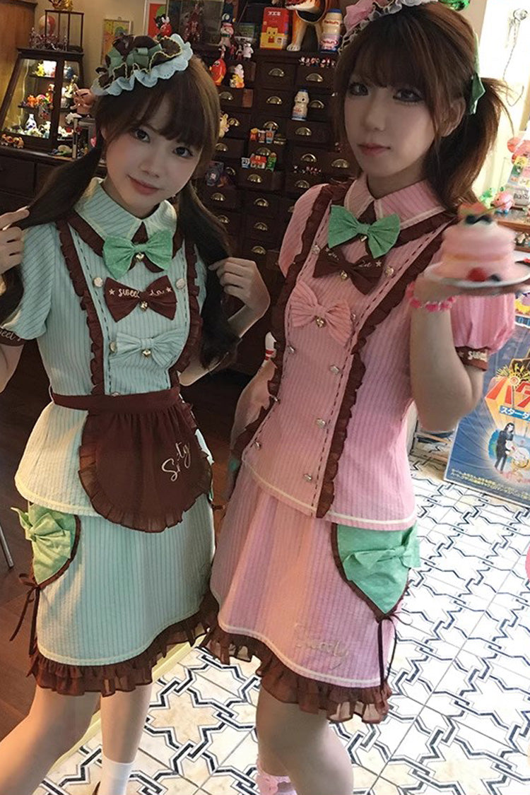 Green [Sweet Soda] Short Sleeves Print Ruffle Bowknot Apron Sweet Vintage Lolita Skirt Set