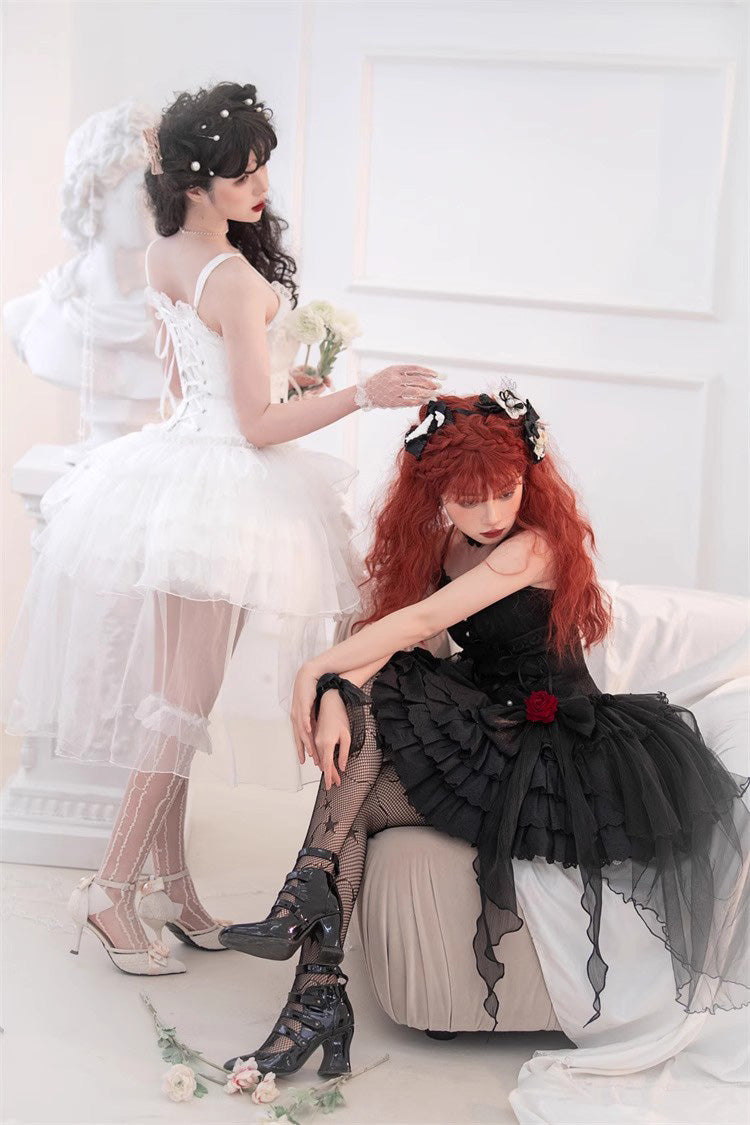 White High Waisted Multi-layer Rose Bowknot Lace-Up Gothic Lolita Jsk Dress