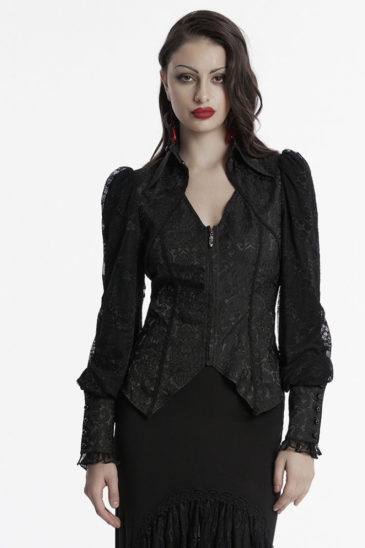 Black V Collar Long Puff Sleeves Lace-Up Zipper Women's Gothic Blouse