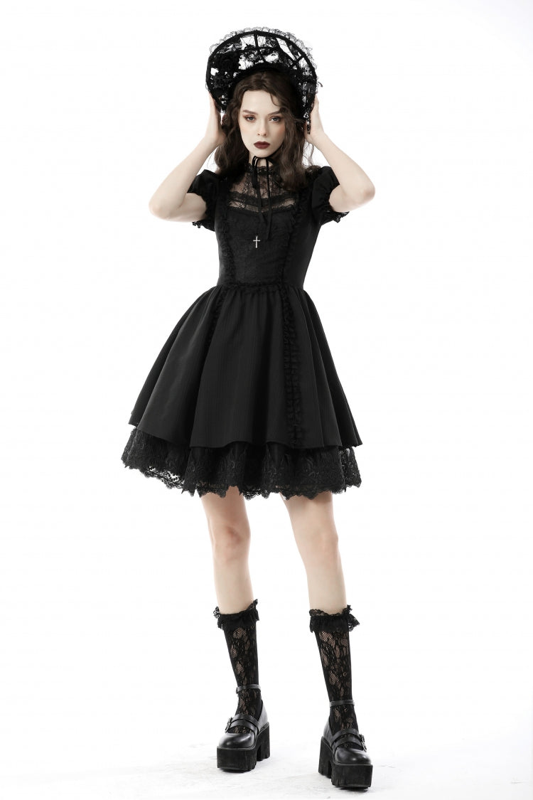 Black Tulle Lace Stand Collar Short Puff Sleeves Women's Lolita Gothic Doll Dress