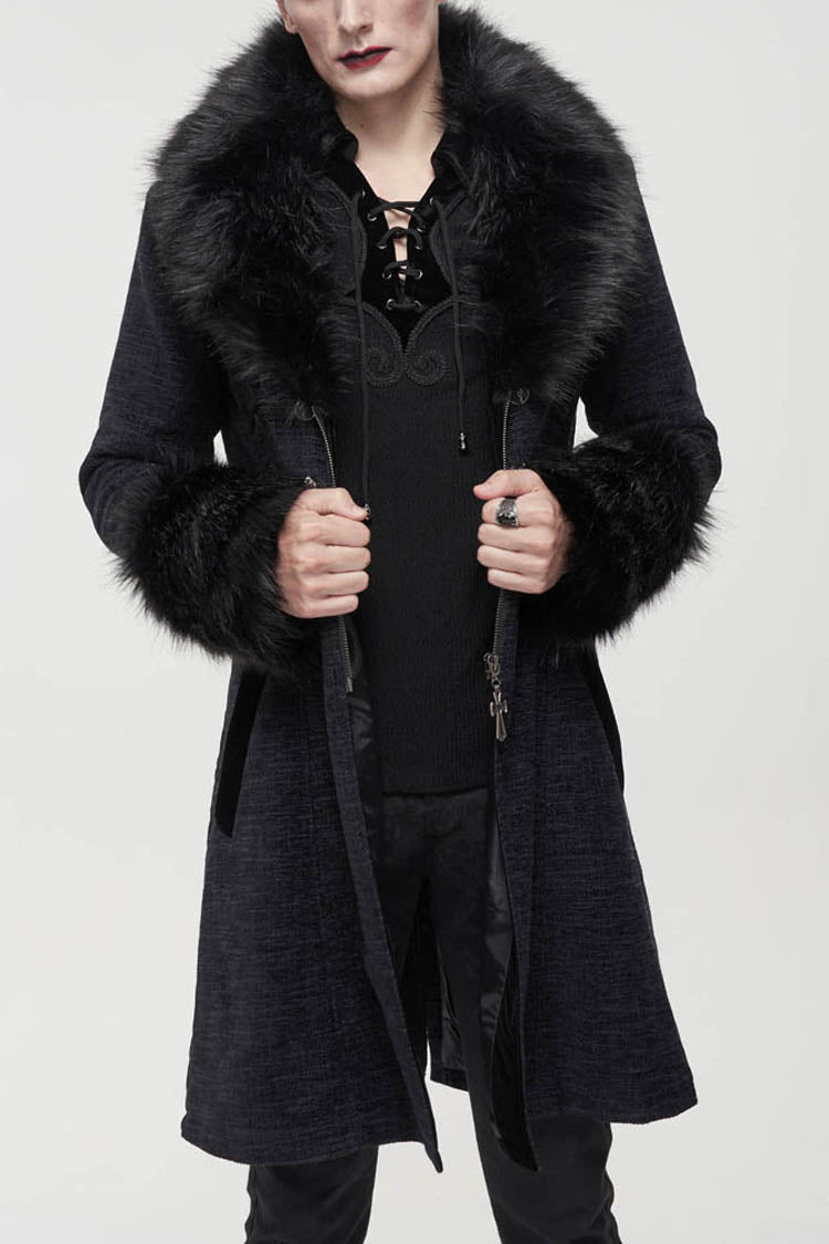 Black Gothic Vintage Button Decoration Removable Fur Collar Men's Coat