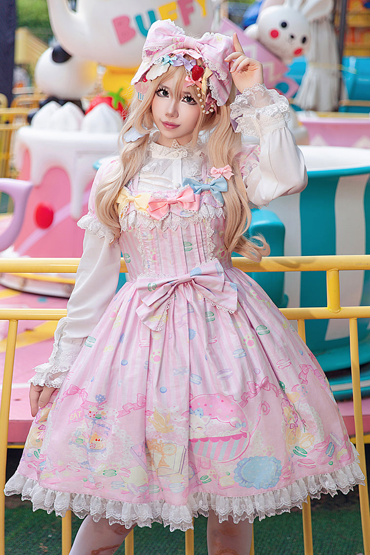[Macaron Dolly House] Robe Lolita douce à col Claudine, manches courtes, imprimé nœud papillon, 3 couleurs 