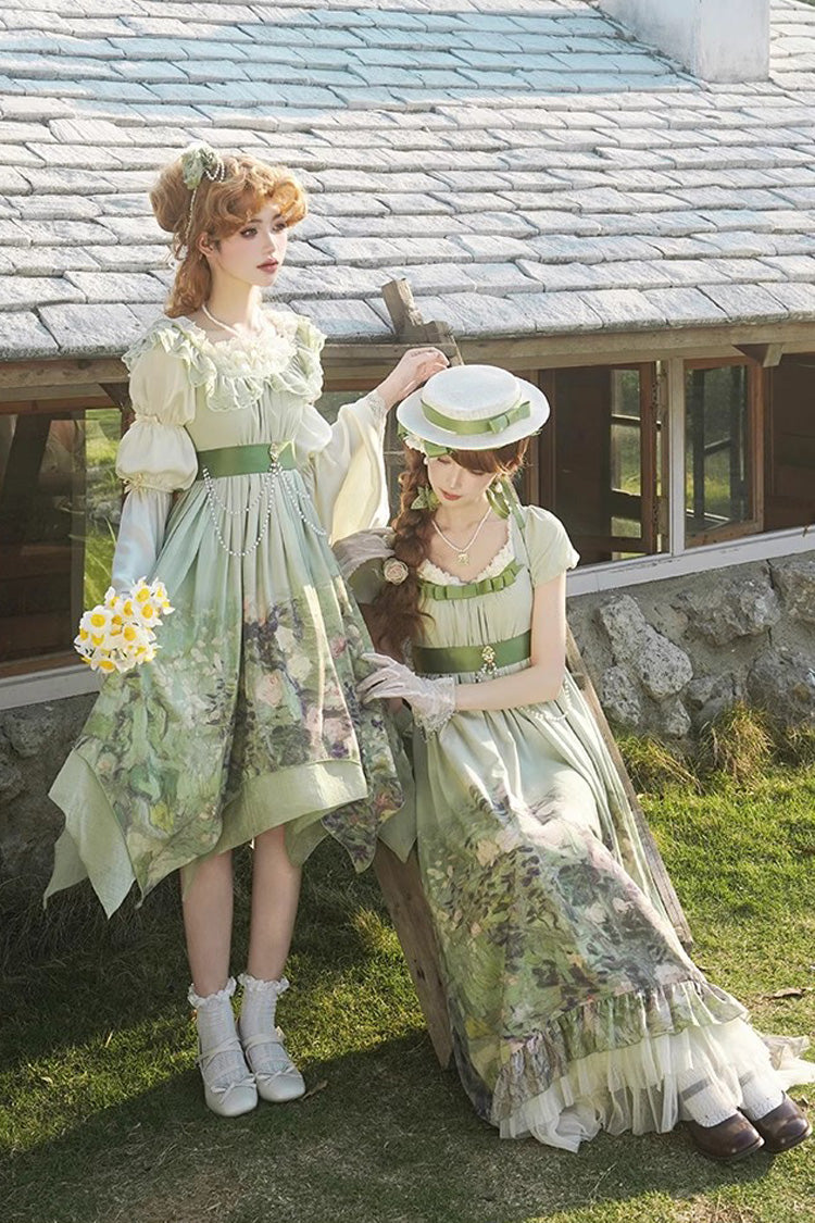 Green [Blooming Roses] Print Oil Painting Chiffon Ruffle Bowknot Irregular Sweet Lolita Jsk Dress