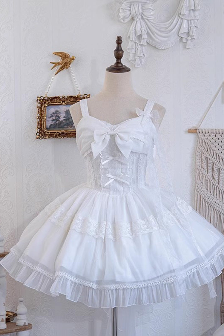 White [Bright Moonlight] Sleeveless Ruffle Bowknot Lace Lace-Up Sweet Elegant Lolita Jsk Dress