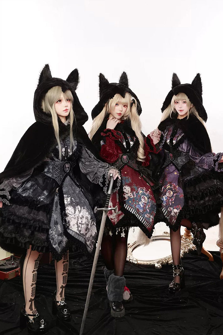 [Werewolf] Fairy Tale Lapel Collar Long Sleeves Printed Ruffled Open-Front Lace Heavy-Detailed Gothic Lolita Skirt Set (Red, Grey, Purple)