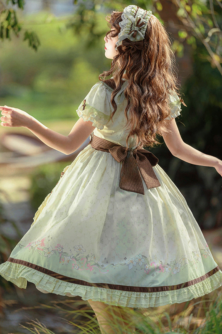 Robe Lolita Douce Élégante Verte/Ivoire [Lily] à Manches Courtes avec Imprimé, Volants, Broderie, Nœud Papillon et Dentelle 