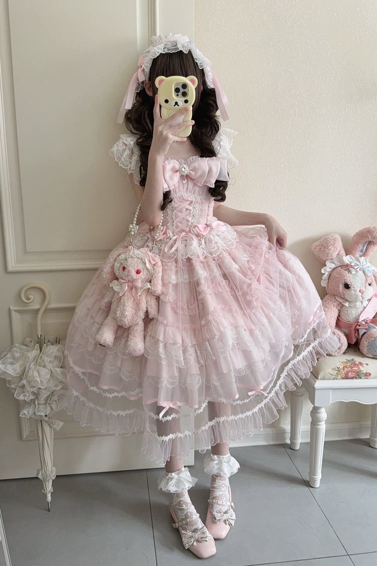 Pink [Eternal Vow] Sleeveless Multi-Layered Ruffle Hanayome Bowknot Lace Lace-Up Sweet Lolita Jsk Dress