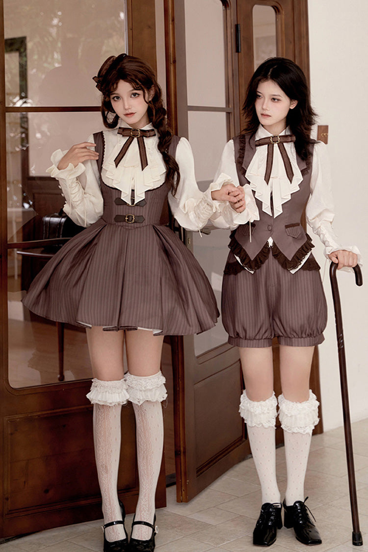 Brown [Manchester City's Past] Striped Print Breast Support Short Version Sweet Lolita Dress