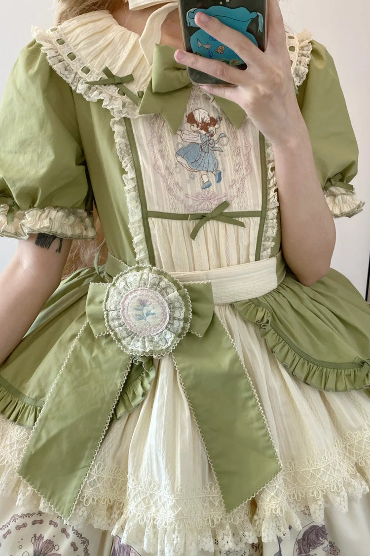 Green [Little Ida's Flowers] Short Sleeves Print Ruffle Bowknot Sweet Lolita Dress