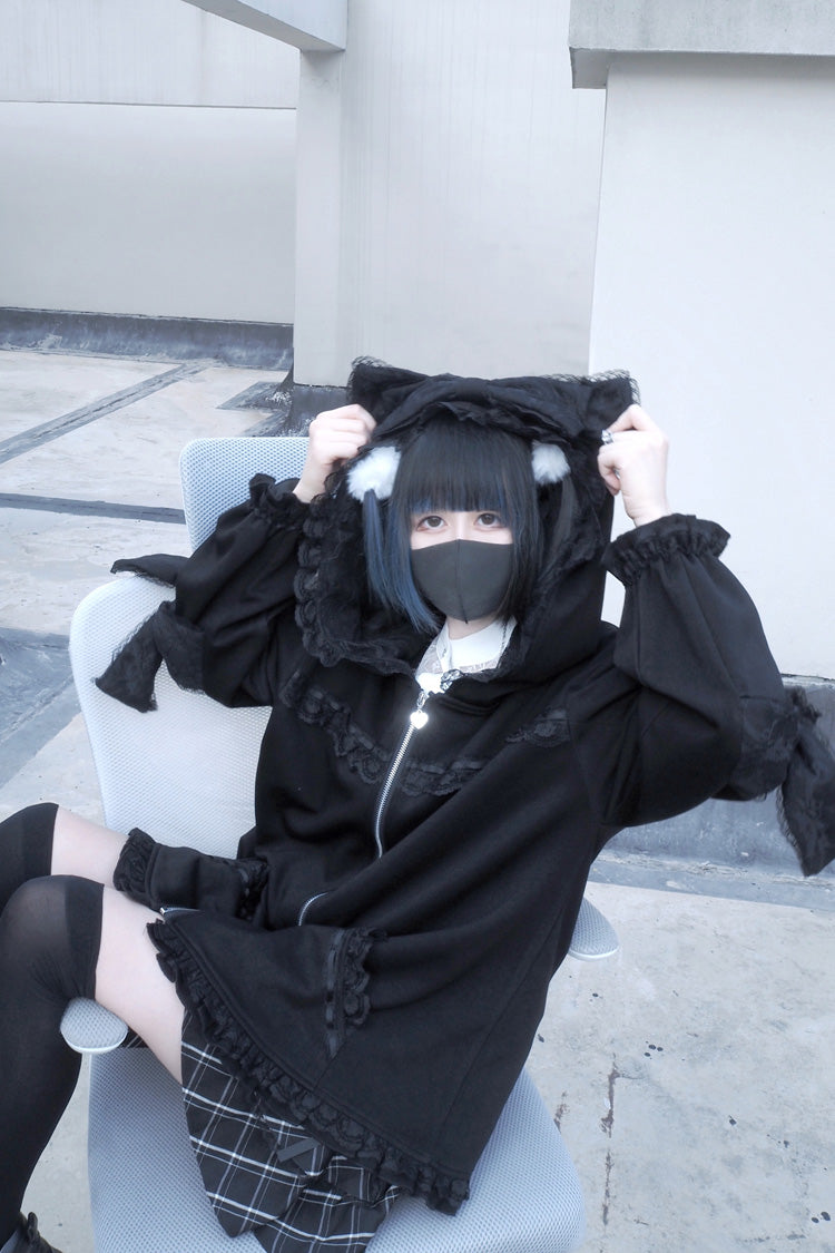Black Long Sleeves Cat Ears and Tail  Ruffle Bowknot Hooded Gothic Jirai Kei Coat