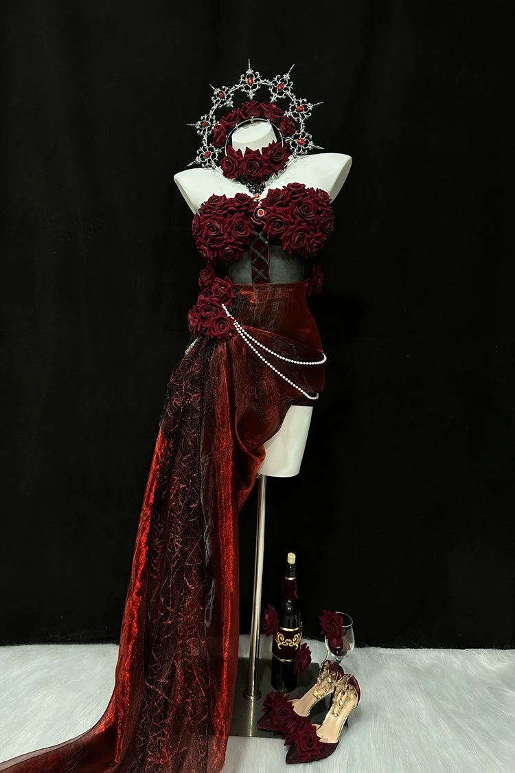 Red [Madame Red] Rose Off Shoulder Sleeveless Jacquard Pearl Detail Gothic Lolita Dress