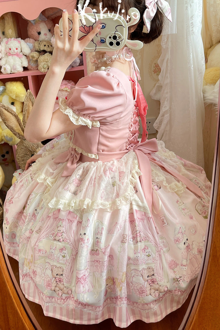 Rabbit Bear Wardrobe Print Ruffle Bowknot Sweet Lolita Dress 3 Colors