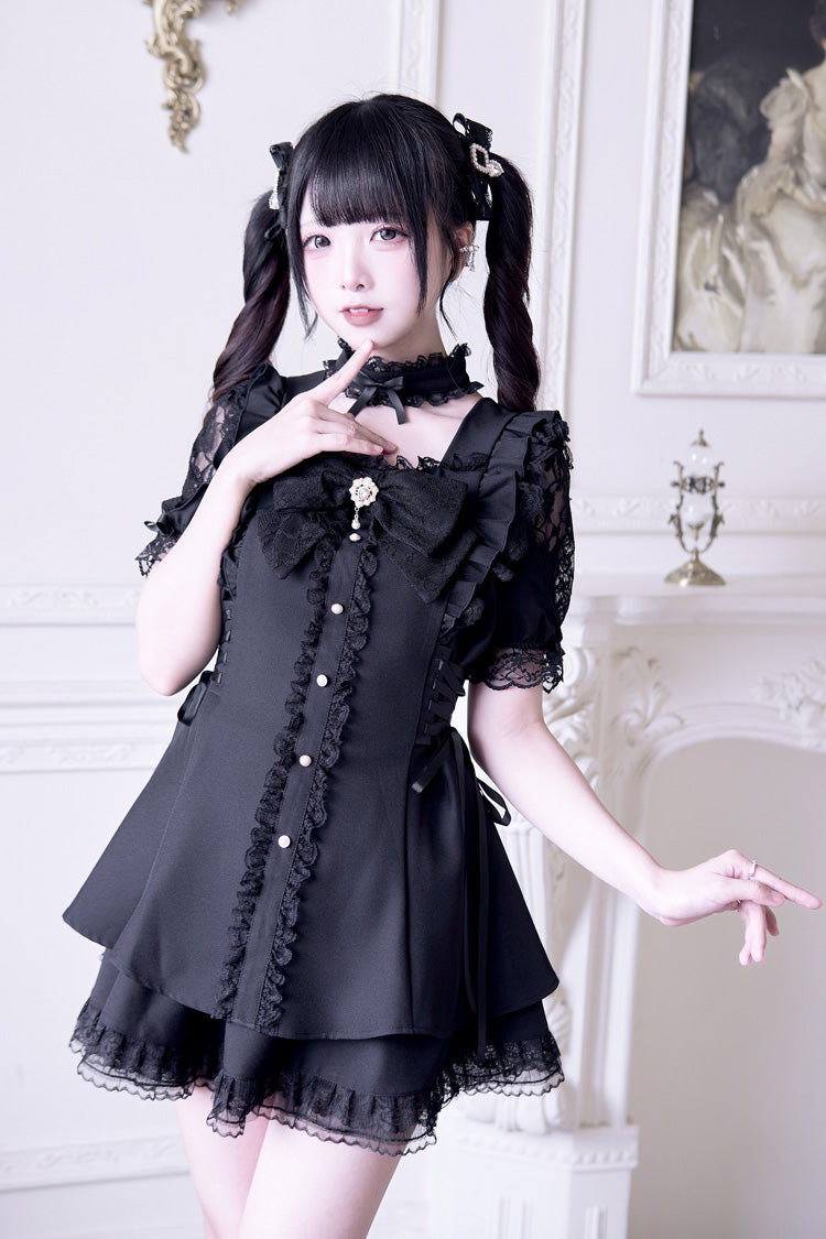 Black [Waltz] Short Sleeves Ruffle Bowknot Gothic Jirai Kei Japanese Dress Set
