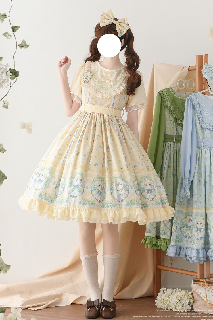 Beige [Lily of the Valley Cat] Print Ruffle Embroidery Bowknot Sweet Lolita Dress