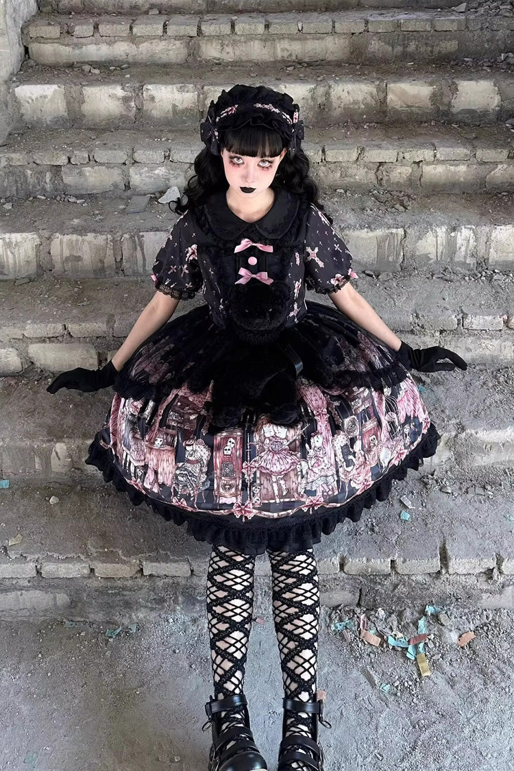 Noir [Le Cas de l'Agneau Disparu] Imprimé Manches Longues Volants Nœud Papillon Dentelle Robe Gothic Lolita 