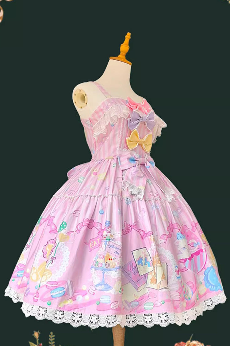 Robe Jsk Sweet Lolita sans manches imprimée avec nœud en rose [Maison de poupée Macaron] 