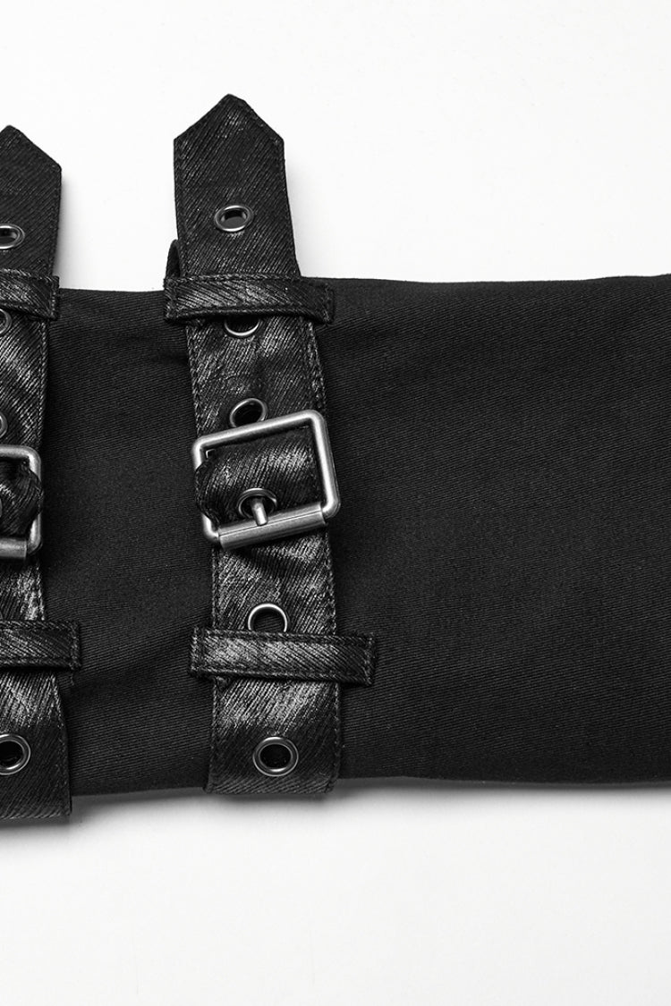 Manteau punk noir à col à revers, manches longues, à capuche et plissé pour homme avec sangle à boucle 