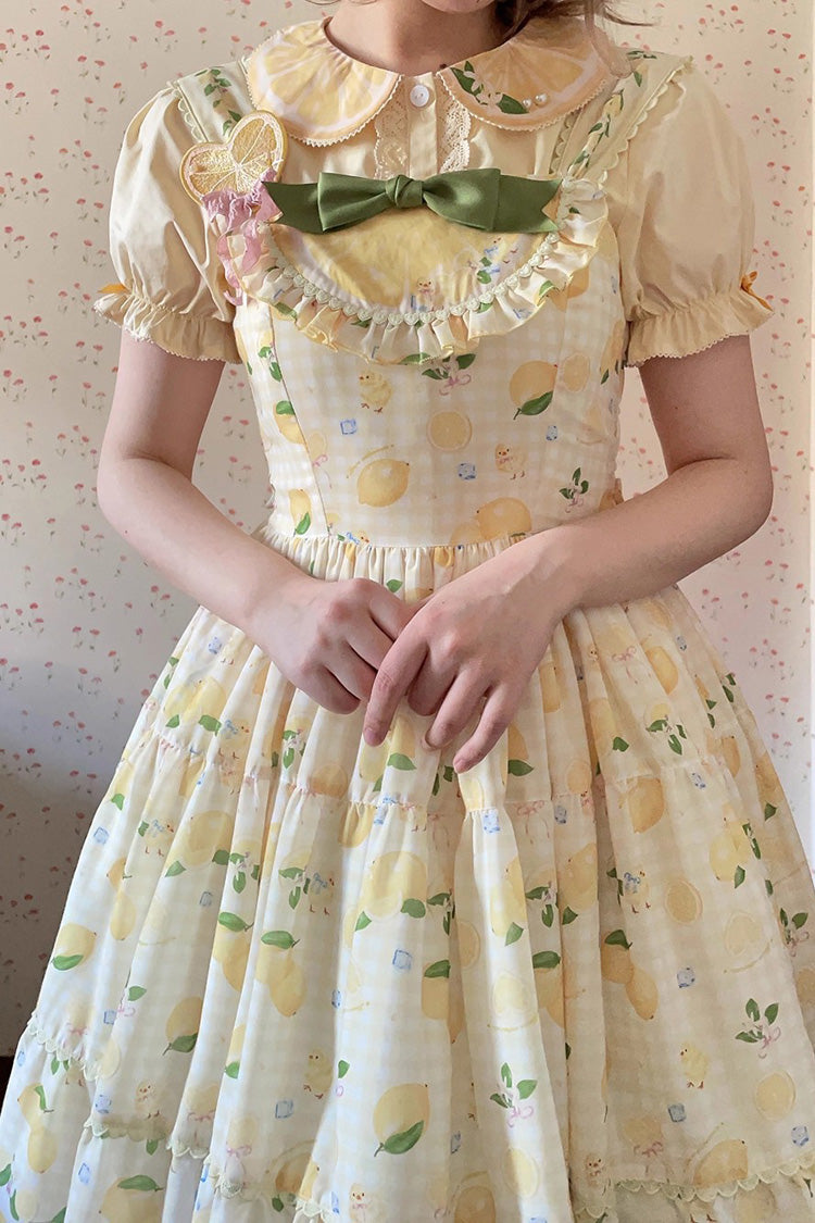 Yellow [Lemon Chicken] Print Ruffle Bowknot Lace Sweet Lolita Jsk Long Dress